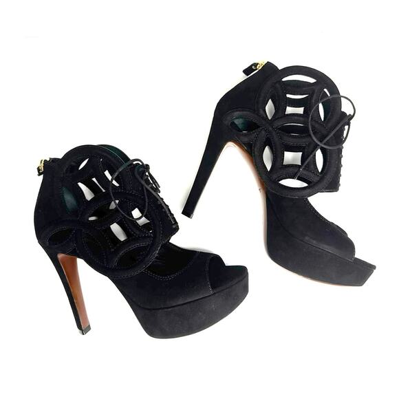 Louis Vuitton Black Suede Monogram Cut-Out Platform Sandals 120mm Heel Size 38 - Picture 3 of 14